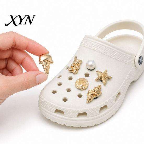 Schuhanhänger 6 Stück/Set Goldfarbene Anhänger, Sommer Eiscreme Muschel Seestern Goldfinish für Clogs Damen Mädchen Strand Fußbekleidung Dekoration Slide Dekorationen