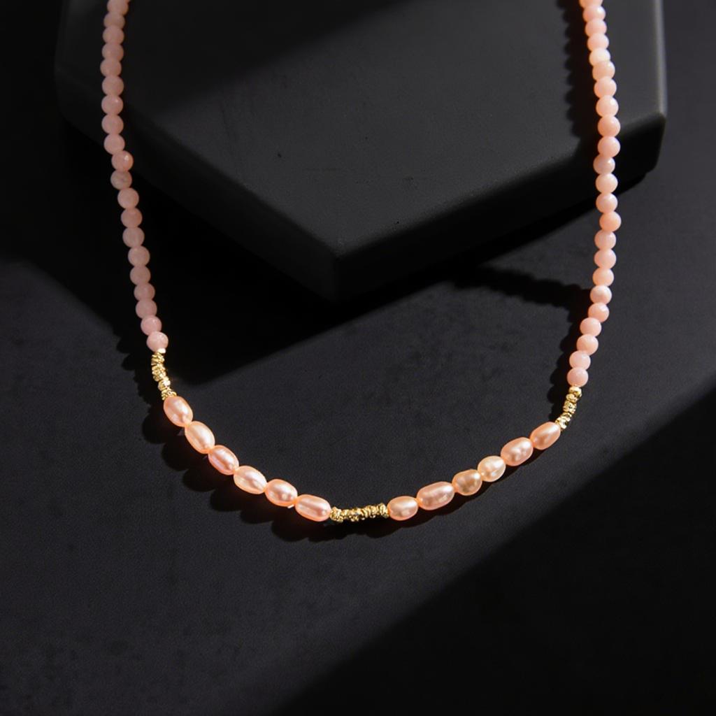 EFFIE QUEEN 925 Sterling Silver 14K Gold Choker Necklace Natural Freshwater Pearl With Pink Opal Natural Stone Series Gift MPN05