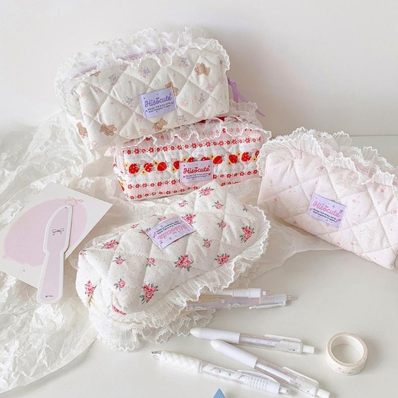 Quilted Pencil Pouch Bag Zippers Pen Case with Lace Trim, Stationeries Organizers for Students, Desk and School Bag Carry