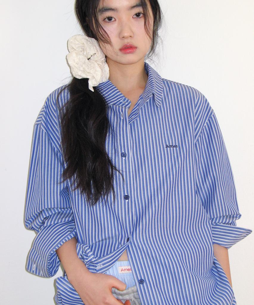 AMES-WORLDWIDE Over Fit Stripe Shirts Blue
