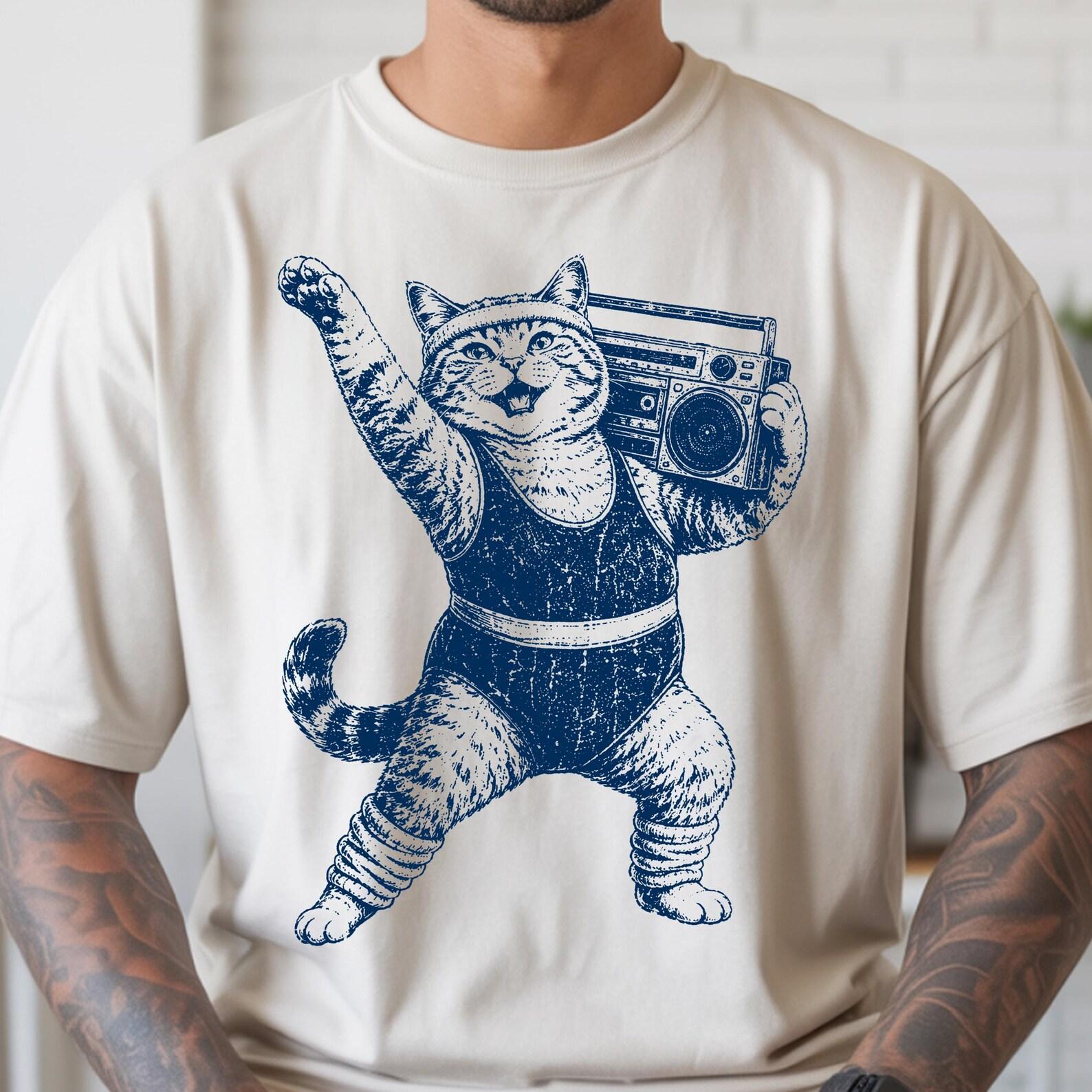 Funny Cat Gym Shirt, Comfort Colors Cat Workout T shirt, Retro 80s Boombox Cat Tee, Cat Lover Gift L