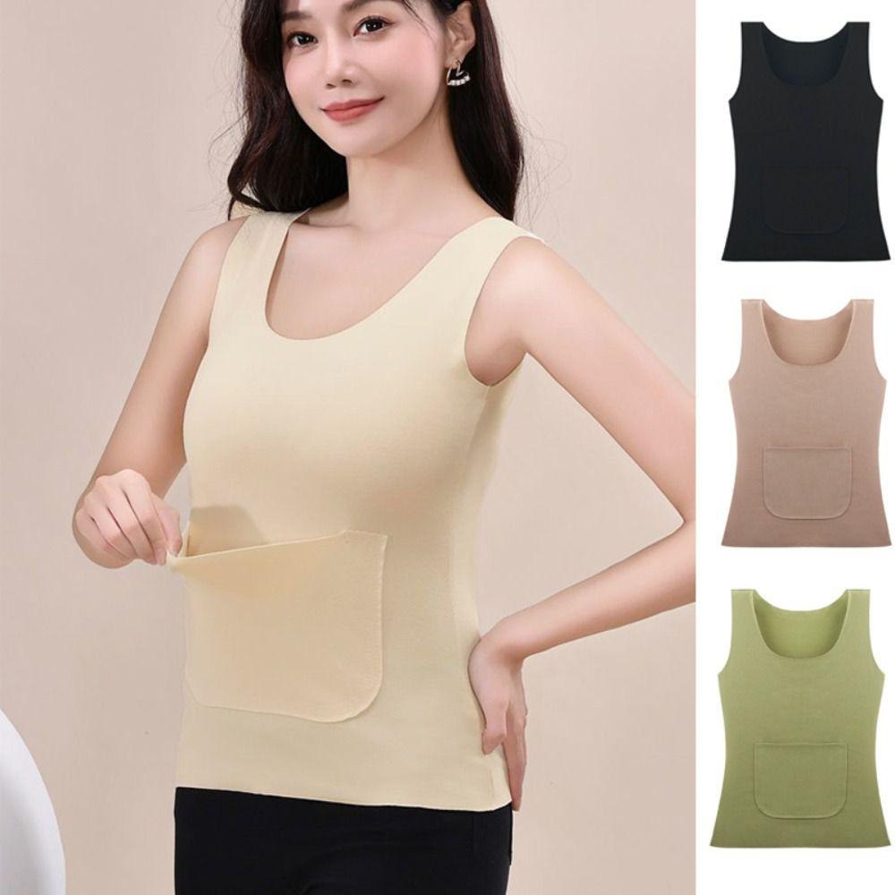 Sleeveless Thermal Underwear Camisole Double Pockets Thermal Tops Autumn Winter