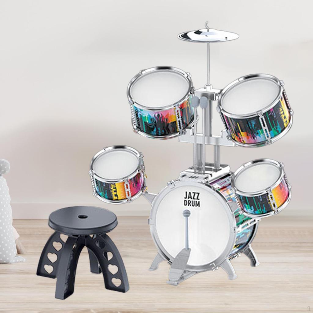 Beginner Kids Drum Set Includes Drumsticks Stool Boys Girls PVC Development Music Toy Educational