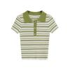 Summer New Product Women's Clothes Breasted Decorative Cotton Stripes Rib Lapel Short Sleeve Polo Shirt 0858154