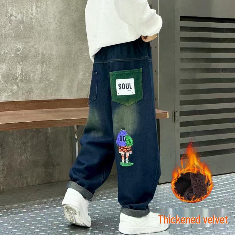 

Детские джинсы-комбинезон на флисовой подкладке - Зима 2025: Плотные, теплые брюки для детей среднего и старшего возраста 160cm (Recommended 150-160cm)