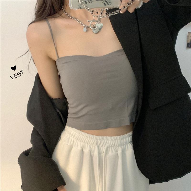 Short Solid Color Little Camisole for Women with Fixed Breast Pad with A Slim-fit Base and A Spice Girl Style Wrap On The Outside