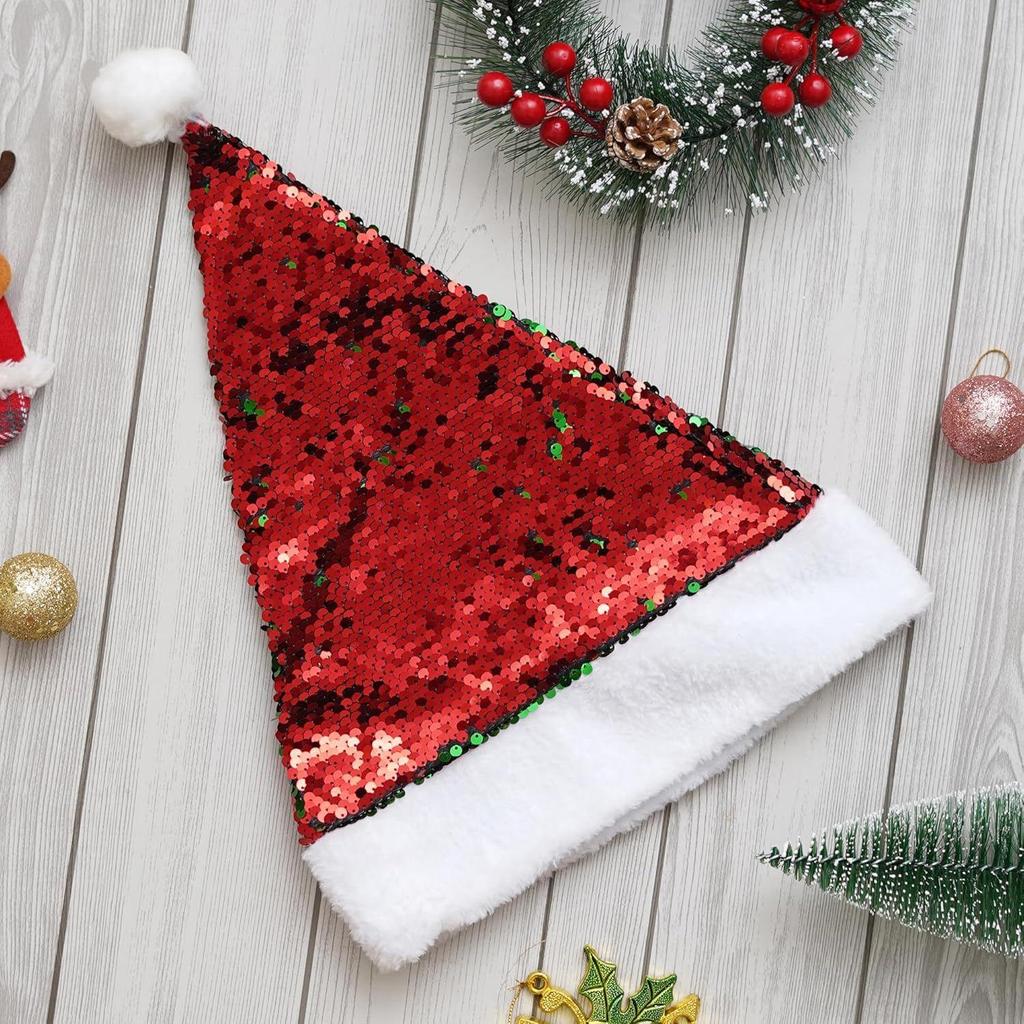 Red Green Flip Sequin Fancy Merry Christmas Hat | Santa Claus Cap for Kids Babies Adults | Free Size XMAS Cap Santa Claus Hat