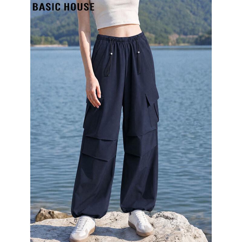 Basic House Women s Blue Ice Silk Wide-Leg Cargo Pants L