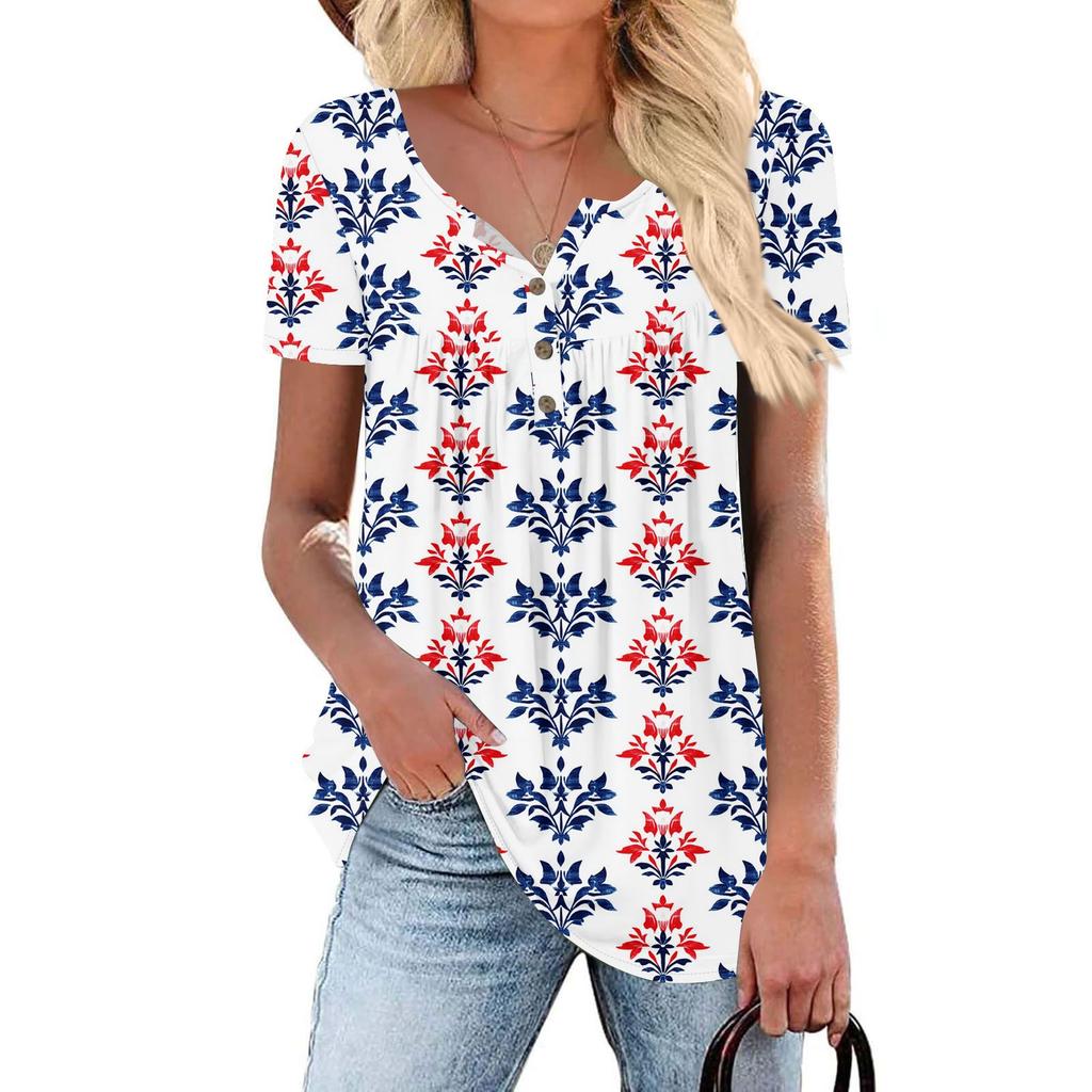 Women Tunic Tops Dressy Casual Summer Short Sleeve Shirts Loose Fit Pleated Boho Top Independence Day