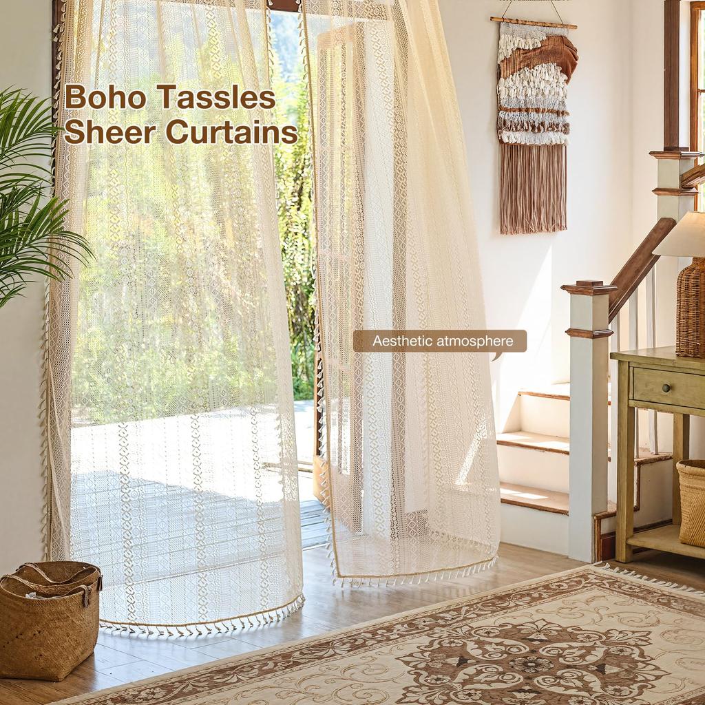 Boho Crochet Curtain, Sheer Lace Handmade Tassels Knitted Window Treatment Vintage Rustic Bohemian Farmhouse Drape for Bedroom