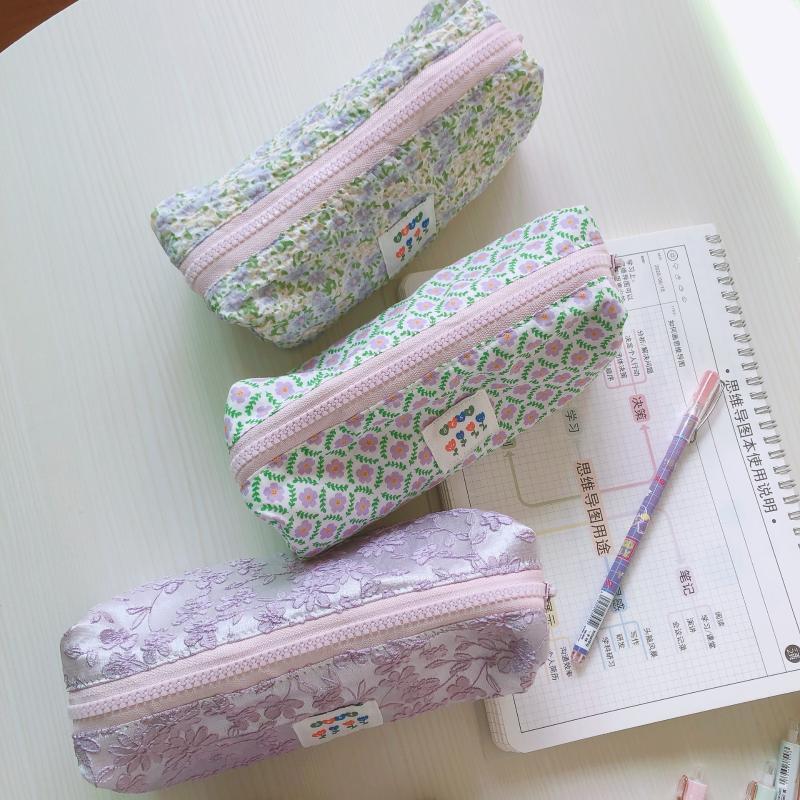 Light Colored Floral Storage Bag Cute Cotton Toiletry Bag Student Stationery Floral Pencil Case Sweet Beauty Style Storage Bag