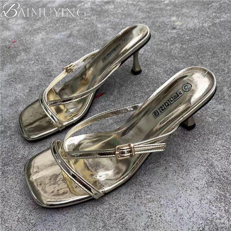 Fashion Women Slippers Square Toe Flip Flops Loafers Casual Shoes Woman Heeled Sandals Summer 2025 Trend Luxury Dress Clip Toe Slides