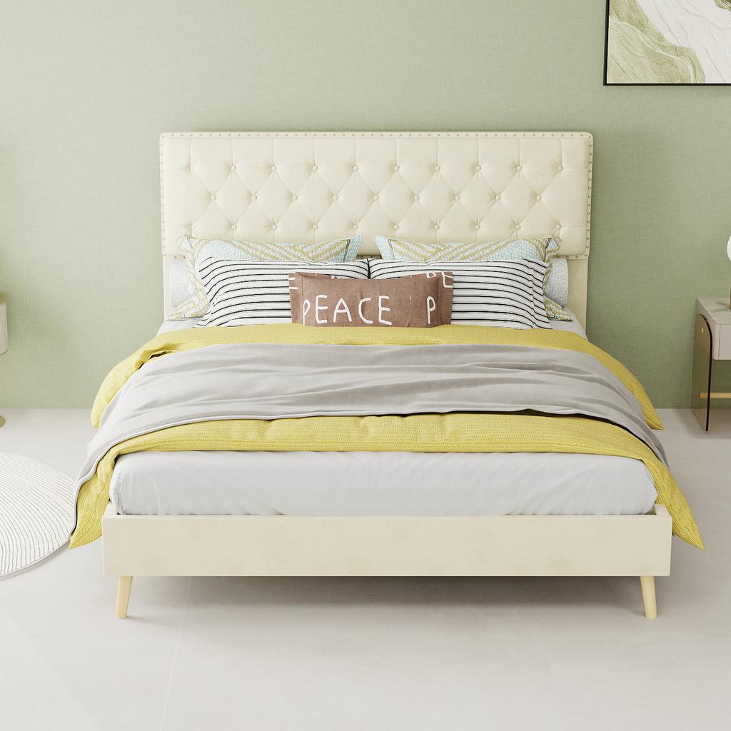 Modern minimalist soft bed, 140*200CM, beige, multifunctional bedroom furniture, low box bed frame without lifting rod, include140*200cm mattress.