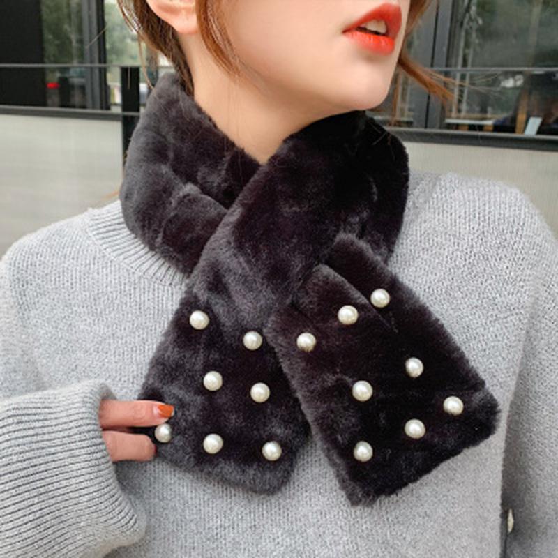 Korean Cute Faux Rex Rabbit Fur Warm Scarf Winter Female Thicken Double-Sided Plush Narrow Cross Neck Guard Pearl Scarves O69