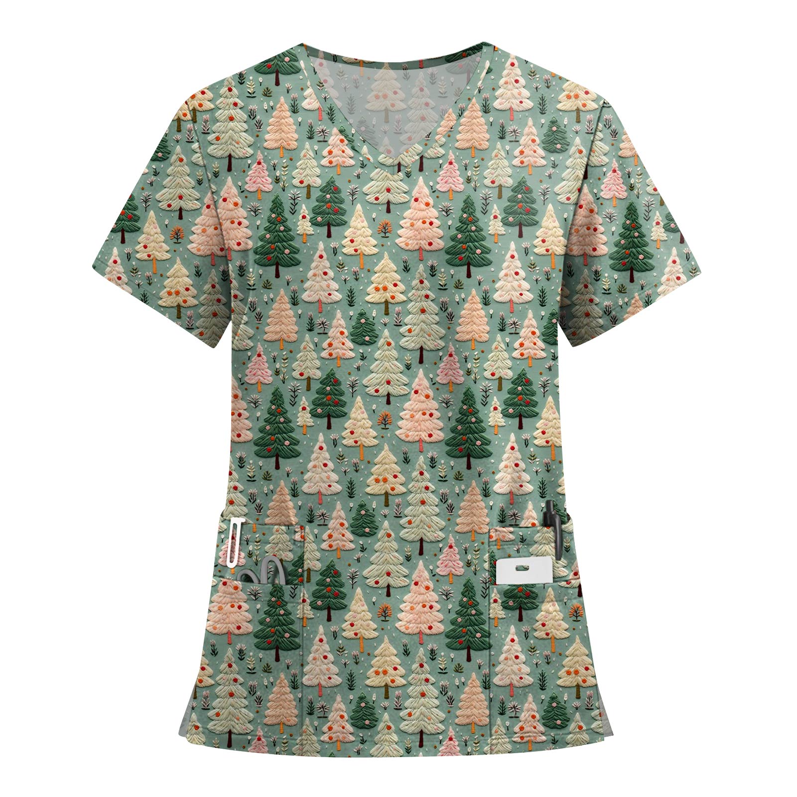 

Женские модные топы с короткими рукавами и V-образным вырезом с принтом, рабочие футболки с карманами L зелёный