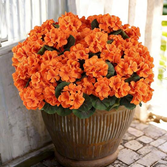 1/6/12 Stück Künstliche Geranienblume mit Grünen Blättern Realistisch UV-Beständig Künstliche Seidenblume Innen Außen Garten Terrasse Balkon Dekoration