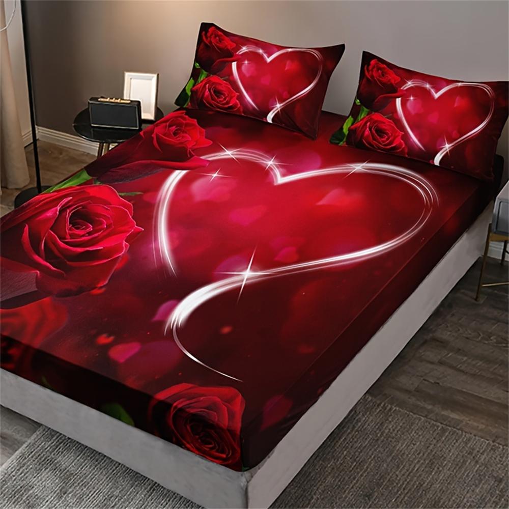 3pcs Romantic Rose Love Print Fitted Sheet Set, Soft Comfortable Breathable Bedding Mattress Protector Set, For Bedroom, Guest