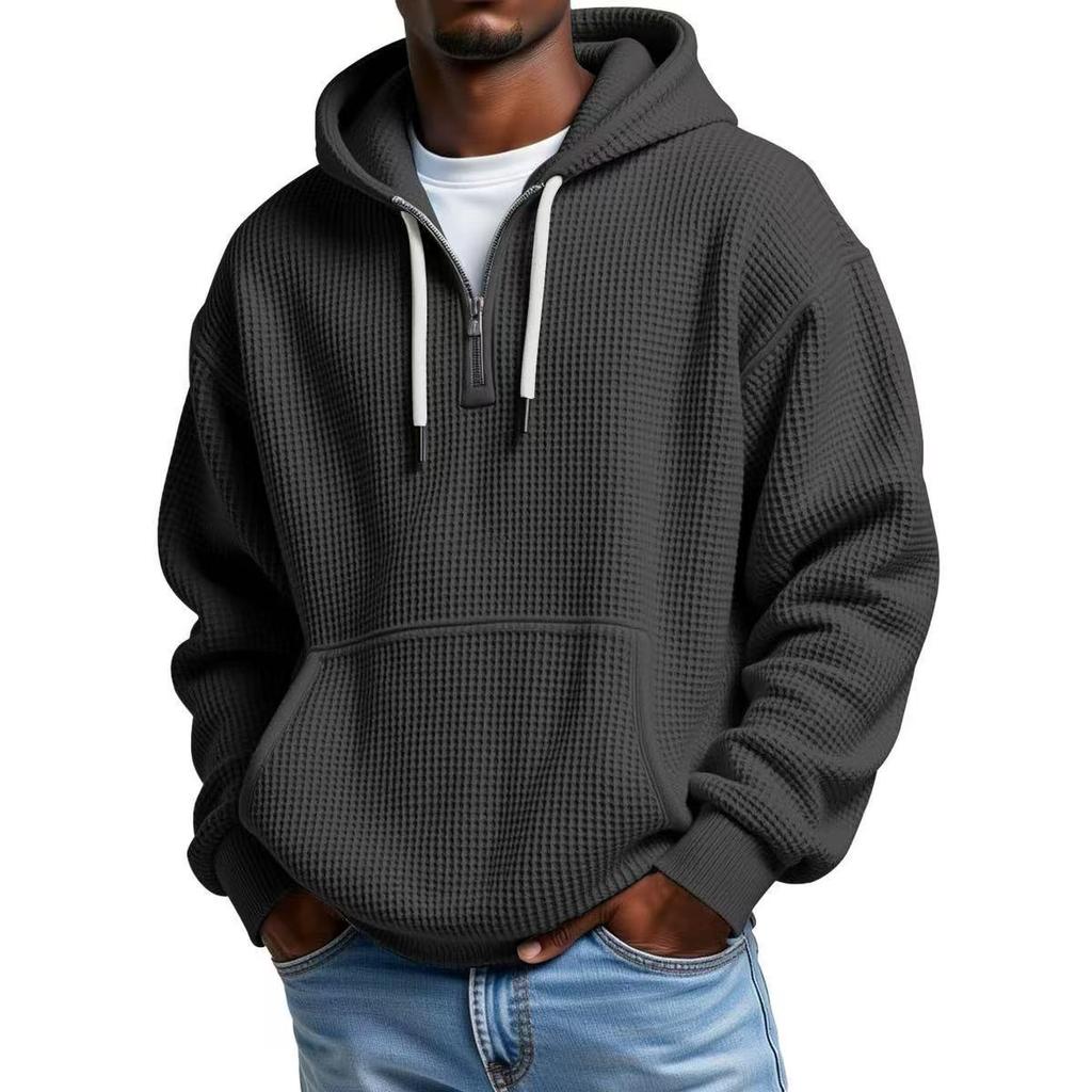 European Heavyweight Waffle Long Sleeve Hooded Sweatshirt - Men's Loose Fit, Pure Color, Casual Style