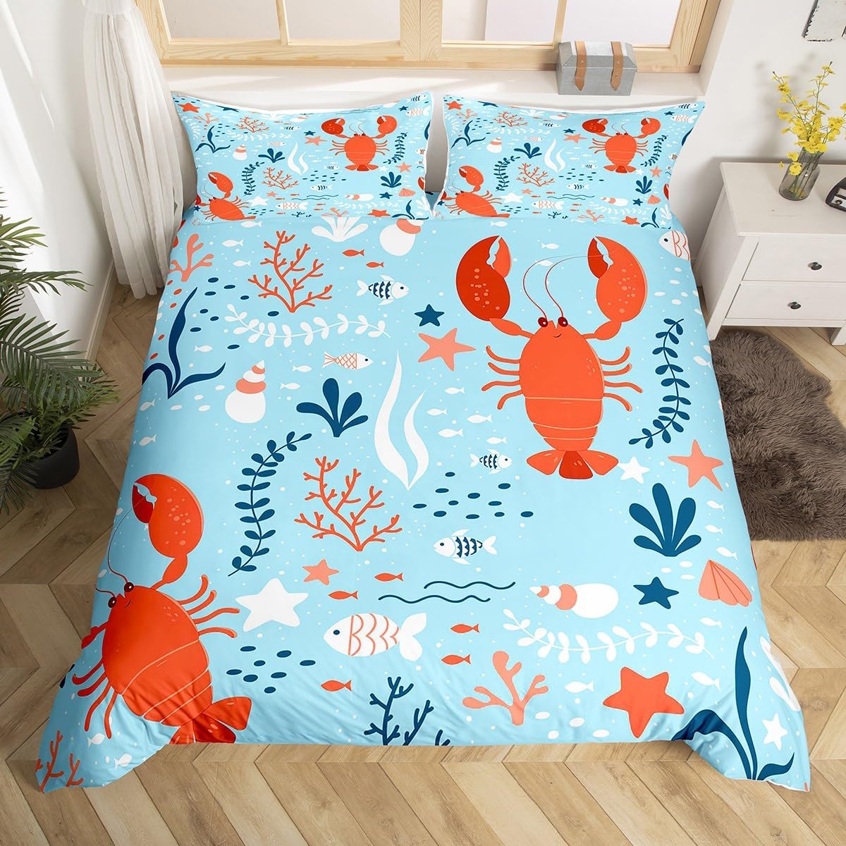 

Lobster Duvet Cover Twin Queen Size Boho Flower Bedding Set for Kids Boys Girls Colorful Mandala Ocean Animal Comforter Cover EU Single(135*200cm)3pcs