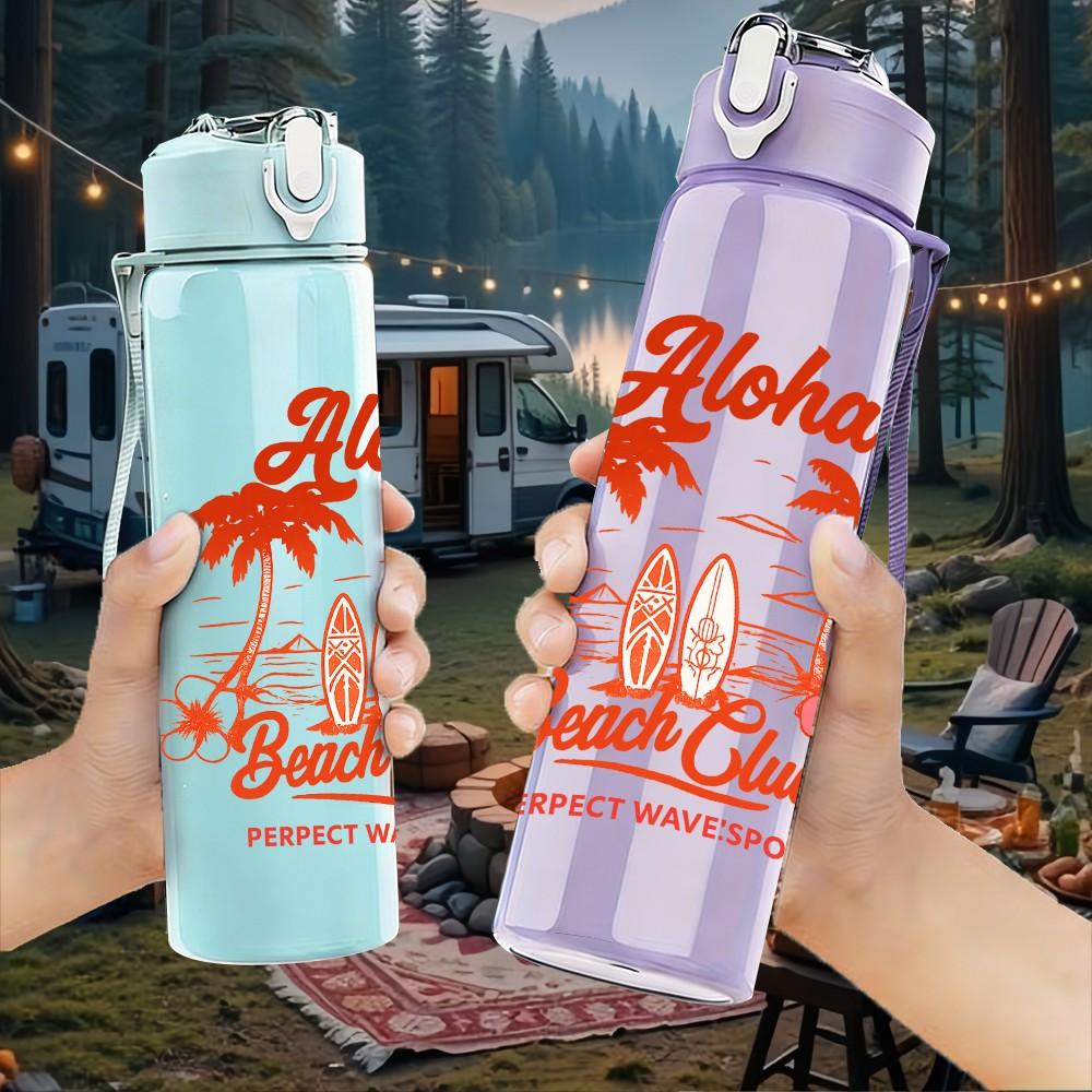 1PC Aloha Palm Beach Retro Text 750ml Color Plastic Sports Water Bottle Leakproof Flip Straw Lid Suitable for Sports Office Home Use