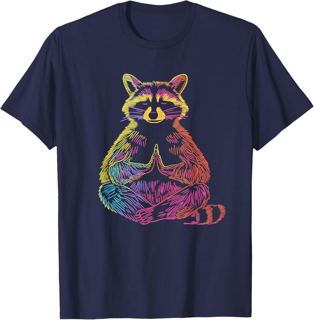 Meditating Raccoon Yoga Zen Funny Animal Rainbow Line Art Graphic Tee Men Casual Trip