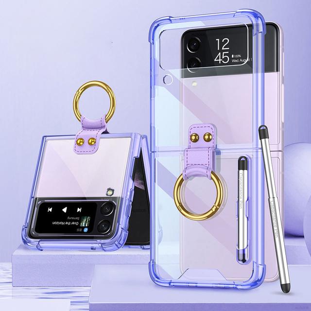 Z Flip 4 Case With Pen For Samsung Galaxy Z Flip 4 3 Flip3 Flip4 5g Case Capacitance Pen Slot Plating Transparent Stand Cover
