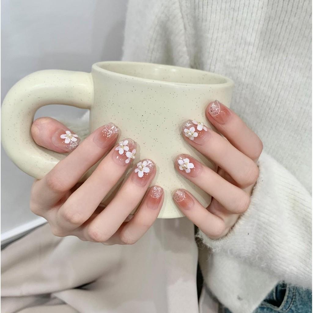 HANDMADE Artificial Nail Short Pink Cherry Blossom Gradient Cat Eye Fake Nail Set With Glue Reusable and Removable Press On Nails