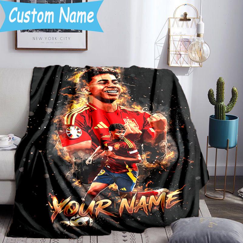 Custom Name Lamine Yamal Soccer Celebration Flannel Blanket, Use for Birthday/Holiday Gift, Soft Blanket for Sofa/Bed/Camping/Office, Home Decor