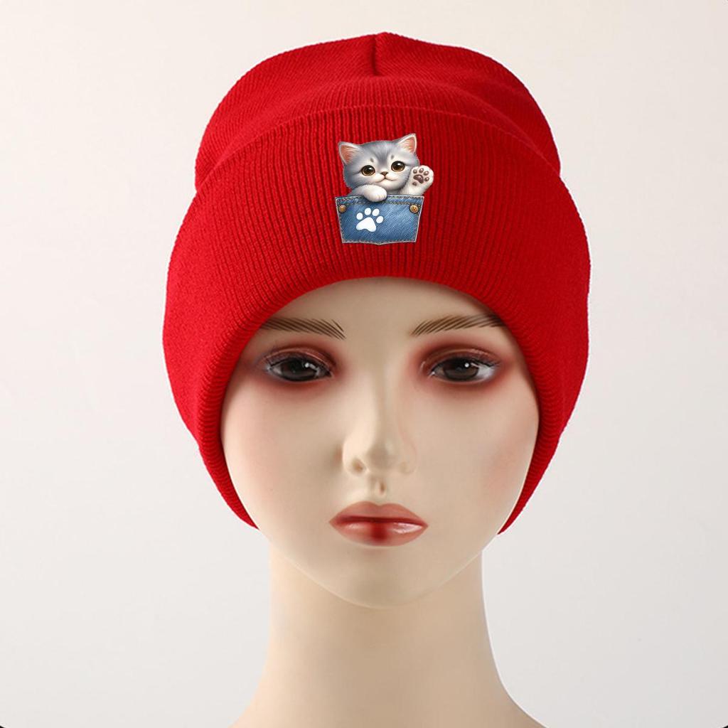 Pocket Cute Cat Print Knit Cap Beanie, Print Pompom Beanies Hip Hop Versatile Elastic Slouchy Knitted Cap Beanie
