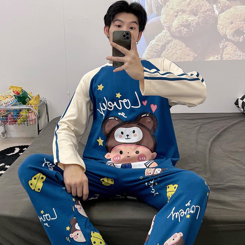 Spring Cotton Men's Pijamas Set Plus Home Clothes Male Nightwear 2Pcs/Set Casual Loungewear Long Sleep Top & Pant