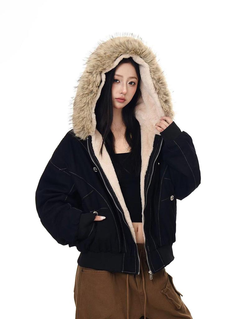 Unisex Retro Patchwork Pelzkragen Kapuzen Baumwolljacke – Winterdesign, Kurzmantel mit Fleecefutter.