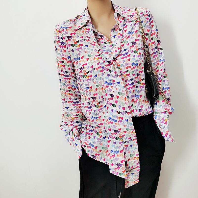 Clearance Women's Silk Long-Sleeve Shirt with Colorful Heart Print & Removable Bow