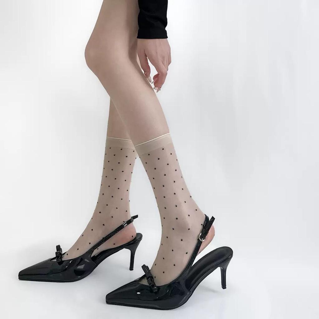 Polka Dot Black Calf Socks Women'S Ultra-Thin French Long Tube Jk Stockings Anti-Hook Horse Oil Elastic And Thin Skin Socks