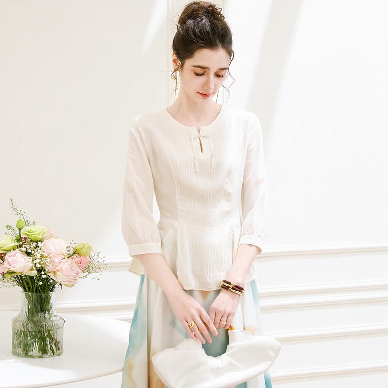 TUHUANG New Chinese Style Mulberry Silk 7-Sleeve Tassel Blouse M