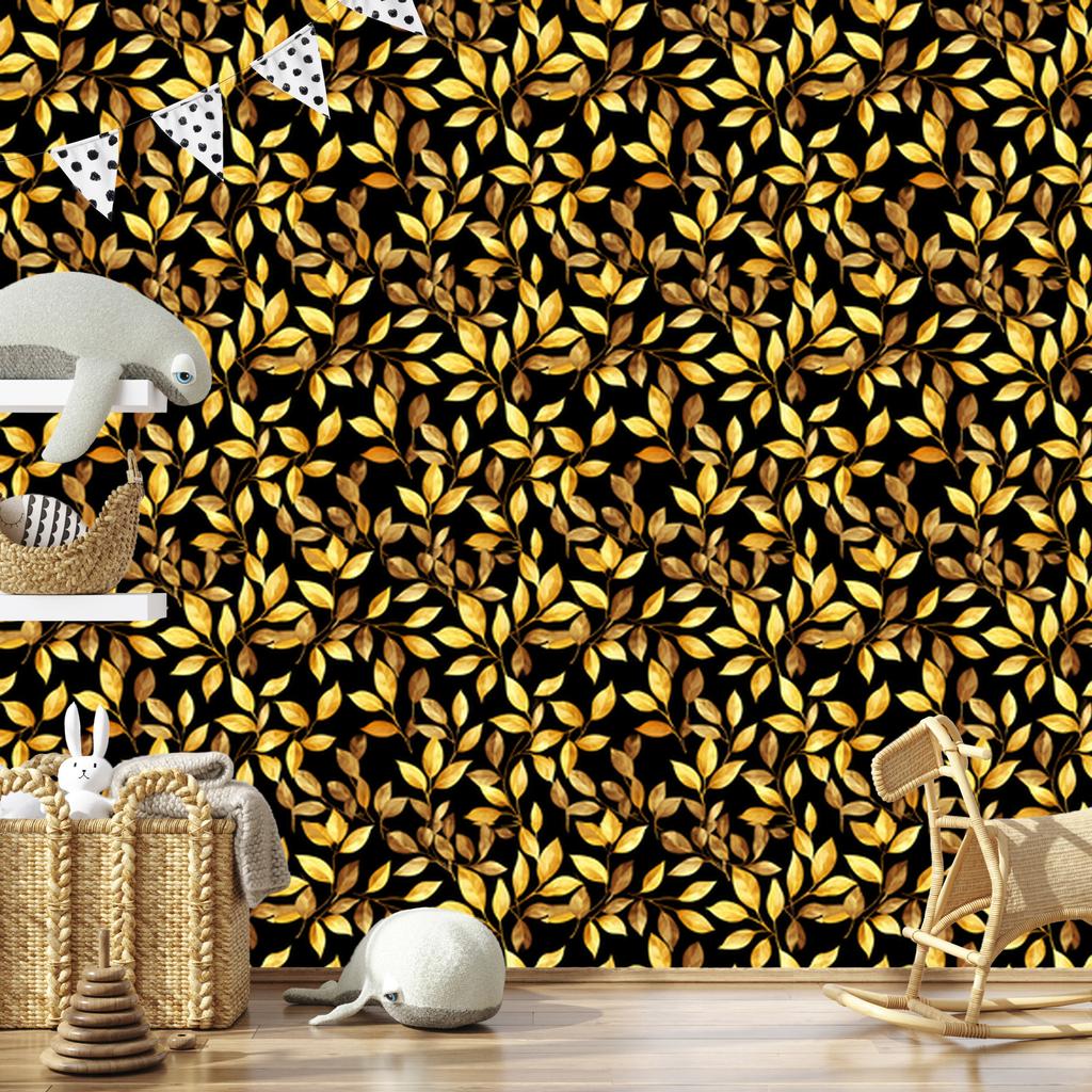 Flowers and Leaves Wallpaper Black and Ochre for Living Room and Bedroom 50x1000