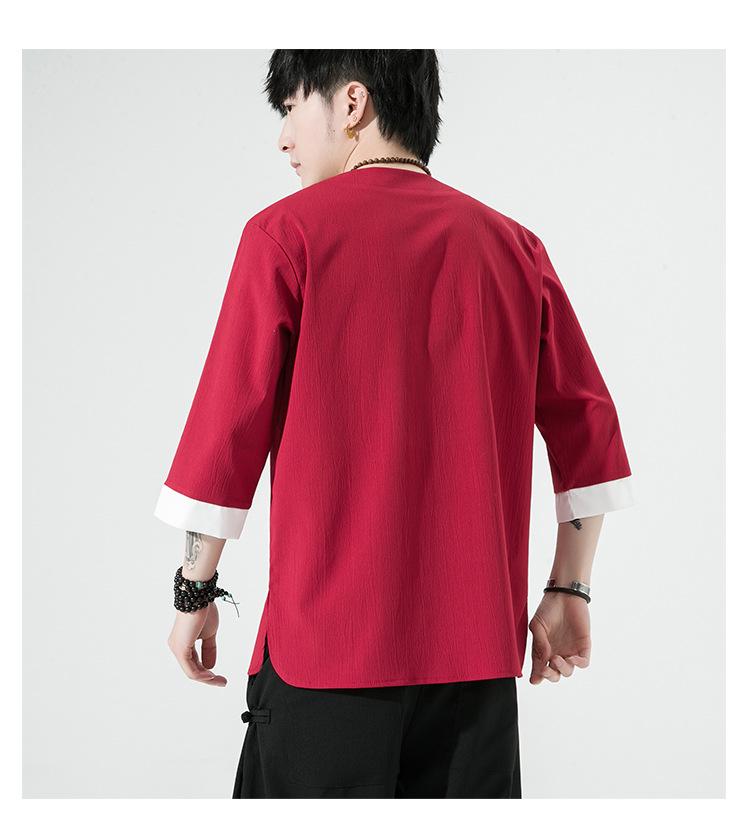 Men's Retro Plus Size Cotton Linen Hanfu T-shirt with Frog Button, Three-Quarter Sleeves