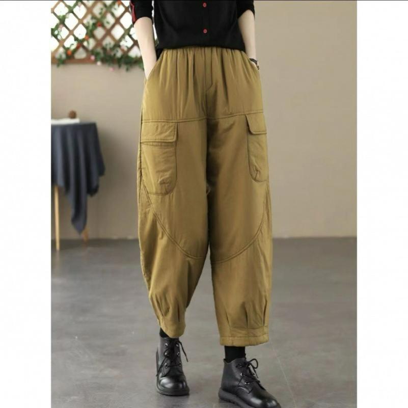Winter Cotton Pants Women's Outer Wear Elastic Waist All-match Retro Casual Harem Pants Loose Thick Warm Pants Are Thin