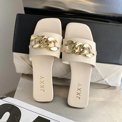 Fashion Women's Slippers Square Toe Chain Slippers Flat Slide Sandals Beach Flip Flops Metal Decoration Casual Shoes