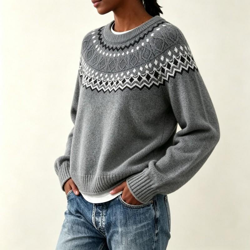 Womens Oversized Knit Sweater With Fair Isle Round Neck Long Sleeve Loose Fit Fall Winter Casual Top