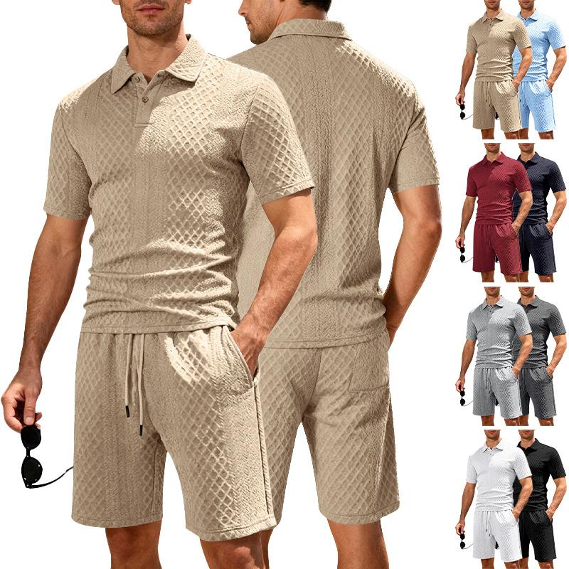 Men's Jacquard Polo Set Summer Thin Plaid Short Sleeve Casual Sports Outfit