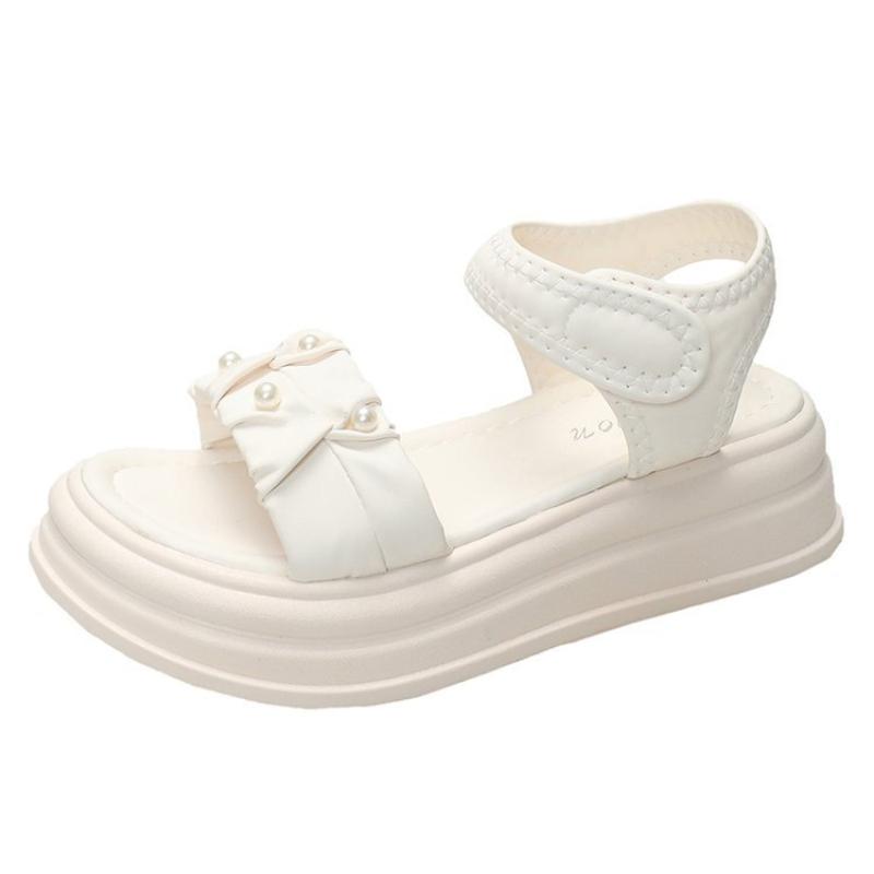 SyfIyno Summer New Pleated Belt Hanging Pearl Women's Sandals Thick Soled Outer Casual Self-adhesive Buckle Beach Shoes Sandals