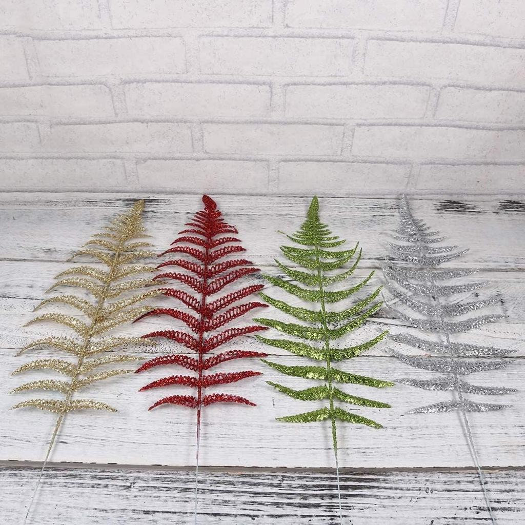 Develoo Decorative Glitter Hollow Leaf, 10pcs Artificial Fern Plant Persian Stem Leaves Christmas Spray Ornament for Holiday Party Xmas Tree Decor