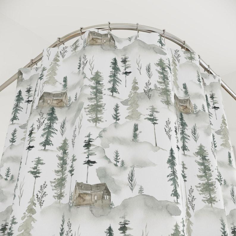 Watercolor forest shower curtain, Aesthetic woodland pine tree bathroom, Minimalist green forest shower curtain 90X180cm