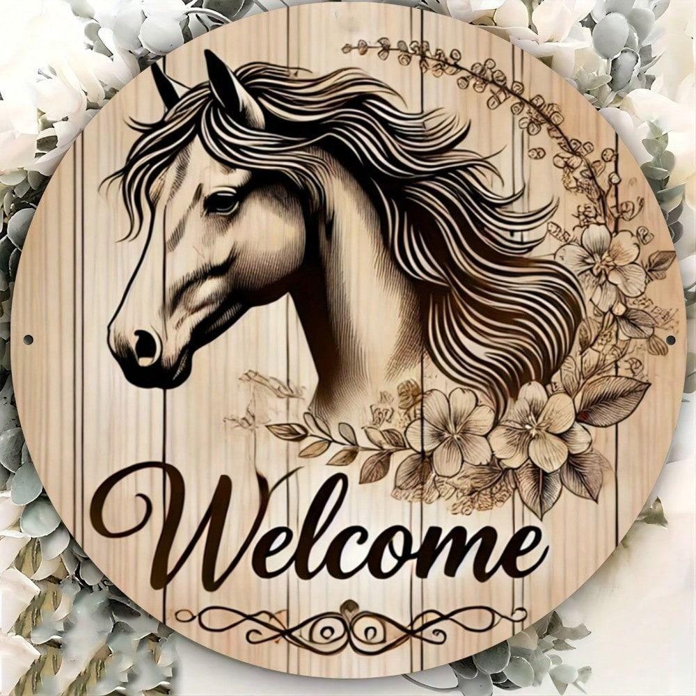 Vintage Metal Sign Horse Flowers Wall Decor 8x8 Inch