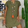 Women's Fashion Summer Loose Skirt Short Sleeve V-Neck Cotton Linen Dress