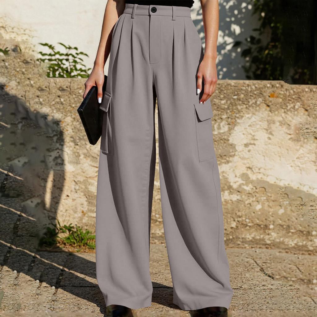 Pantalon Décontracté Large pour Femme Taille Haute Fermeture Boutonnée Poches Style Cargo Coupe Ample Pantalon Convient pour un Usage Quotidien et le Bureau