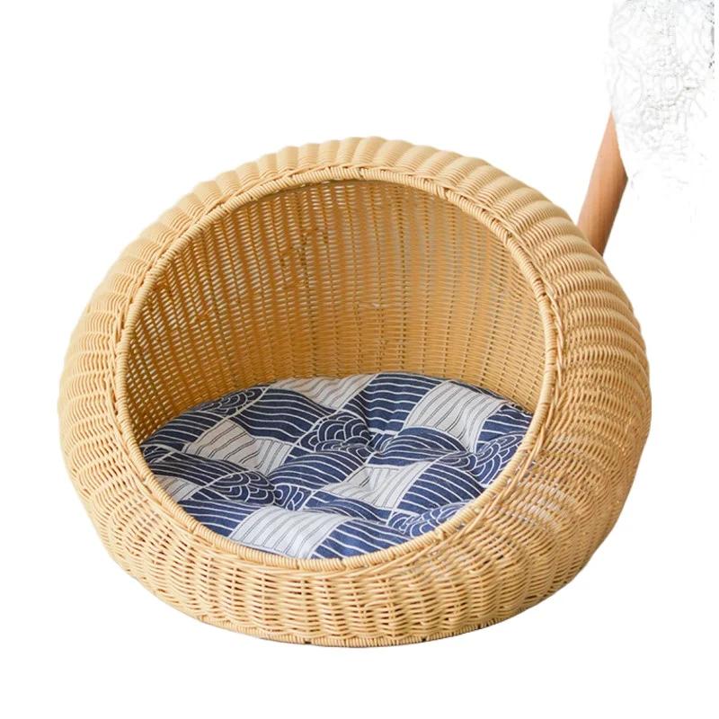 Large Semi-Enclosed Kitten Bed Handmade Rattan Woven Cat Litter Comfort Breathable Pet House Metal Frame Cat's Supplies