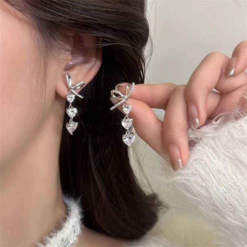 Brincos de Tarraxa Longos com Franjas e Zircônia em Forma de Laço para Mulheres Moda Personalizada Acessório Diário Festa Aniversário Presente