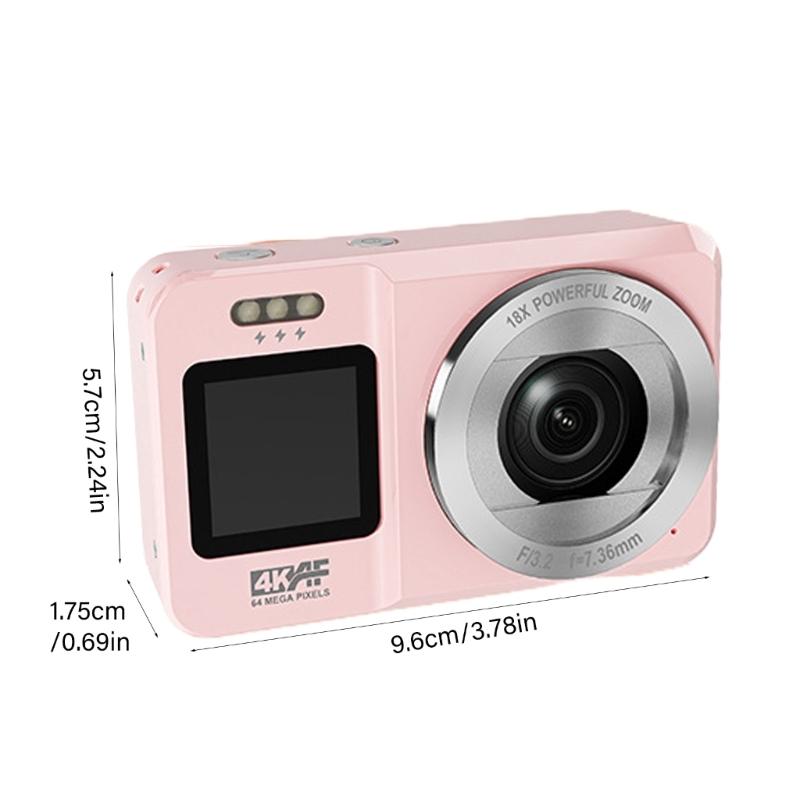 4K UHD 64MP Double Screen Digital Camera 18X Zoom Portable Pink for Students Travel Vloggings