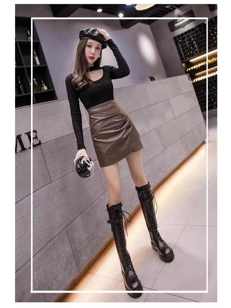 Women's Autumn/Winter A-Line High Waist Irregular PU Leather Skirt